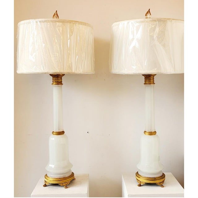 Pair of Antique Frence Louis Faceted Opaline and Guilt Table Lamps For Sale - Image 4 of 11