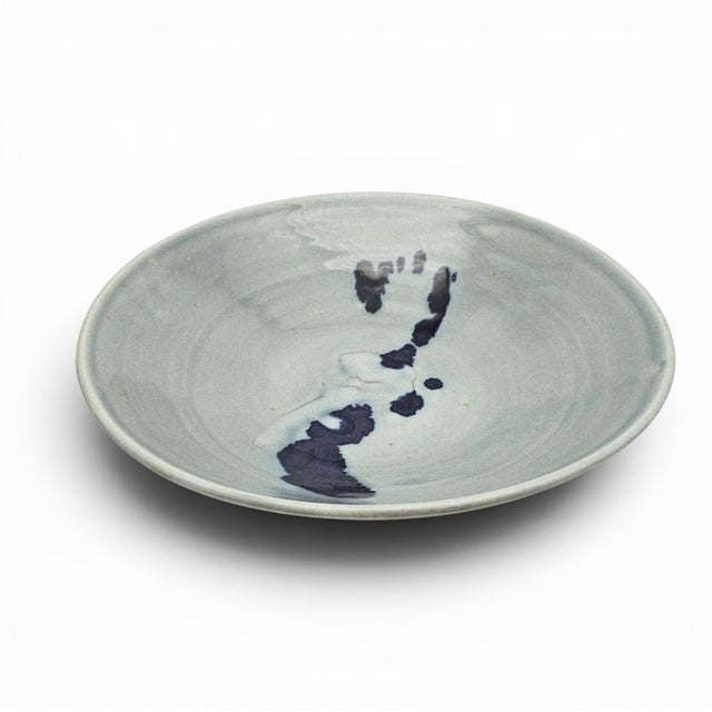 Vintage Studio Pottery Serving Bowl Celadon Cobalt Abstract Signed 13 For Sale - Image 4 of 11