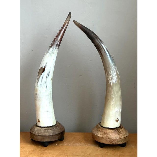 Wood Vintage Horn and Wood Accent Lamps - Pair For Sale - Image 7 of 12