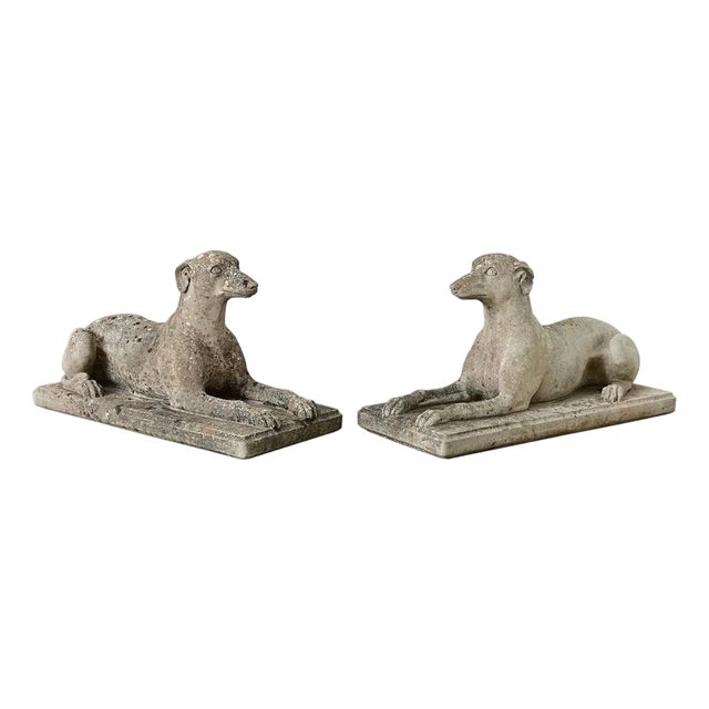 Early 20th Century English Pair of Cast Stone Whippet Garden Statues For Sale