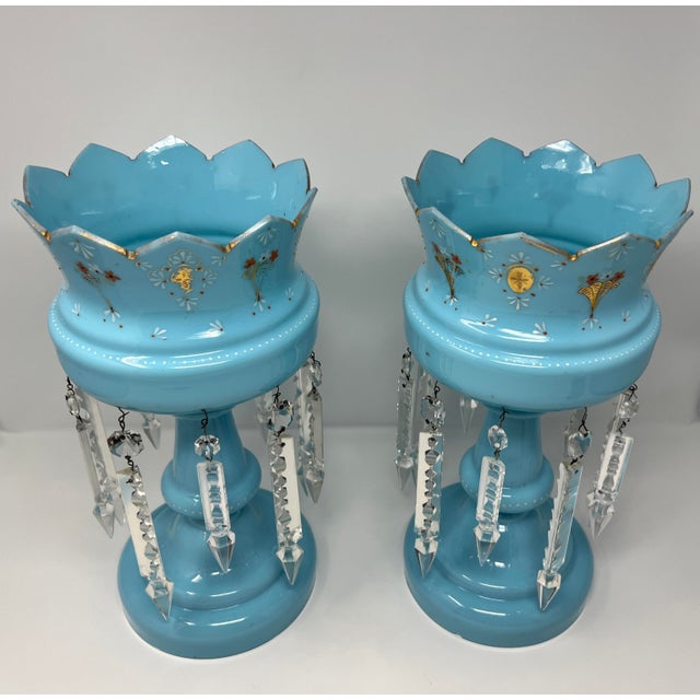 Late 19th Century Victorian Blue Opaline Glass Mantle Lusters With Cut Prisms, Pair, 14” For Sale - Image 4 of 10