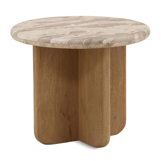 Contemporary Contemporary Modern Beige Marble & Wood Round Side Table For Sale - Image 3 of 4