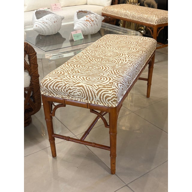Vintage Faux Bamboo Wood Bench Newly Upholstered Quadrille Fabric For Sale In West Palm - Image 6 of 11