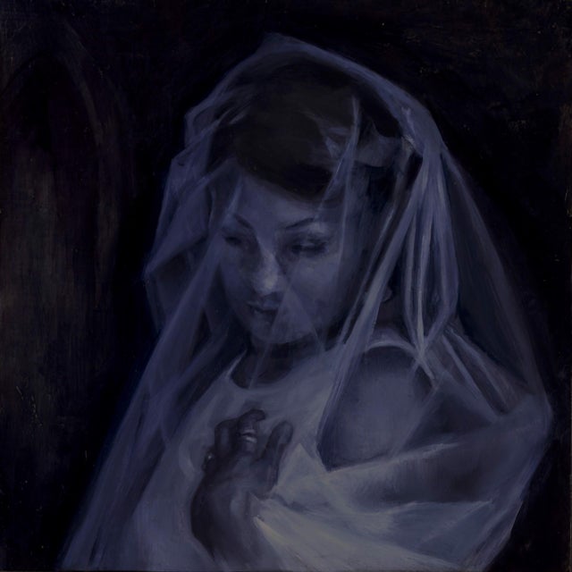 Etérea by Ximena Rendon | Oil on panel Portrait of a woman in a veil For Sale