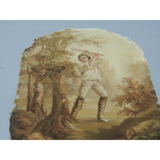 Antique Aubusson Tapestry Chair Back Cover In shades of tan and brown Size: 15”W x 16”WB x 18”H