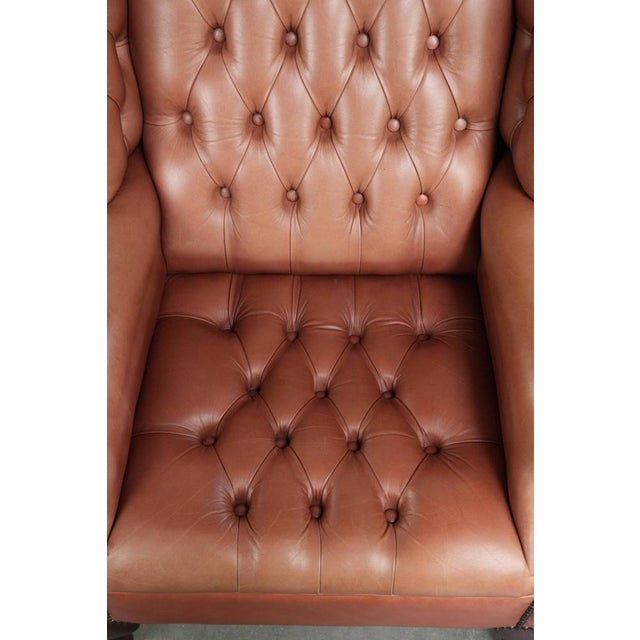 Classic English Cowhide Button-Seat Chesterfield Wing Armchair For Sale - Image 6 of 13