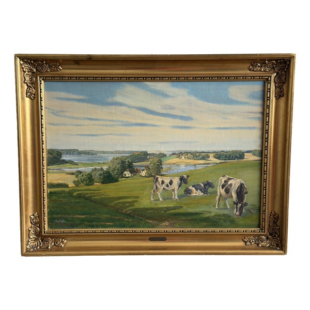 Rasmus Christiansen, Danish Fjord Landscape with Grazing Cattle, Oil on Canvas, 1920s For Sale