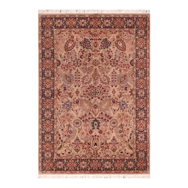 Shabby Chic Floral 1990's Pak-Persian Taupe/Blue Wool Rug - 6'2'' X 9'4'' For Sale