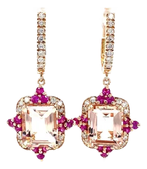 10.40 Carat Morganite Diamond Pink Sapphire Rose Gold Drop Earrings, A Pair