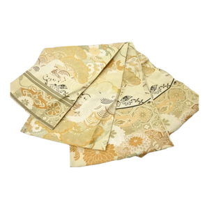 Meiji Japanese Kimono Antique Maru Obi Silk Brocade Woven Kiku With Pine Crane Motifs