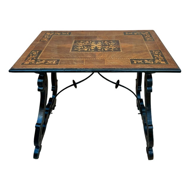 Spanish Baroque Side Table with Lyre Legs and Marquetry Top, 1850 For Sale