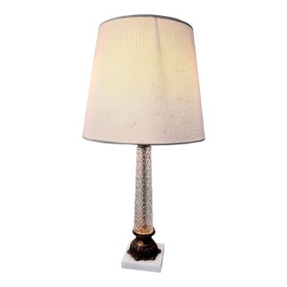 Vintage Hollywood Regency Diamond-Cut Crystal & Marble Column Table Lamp For Sale