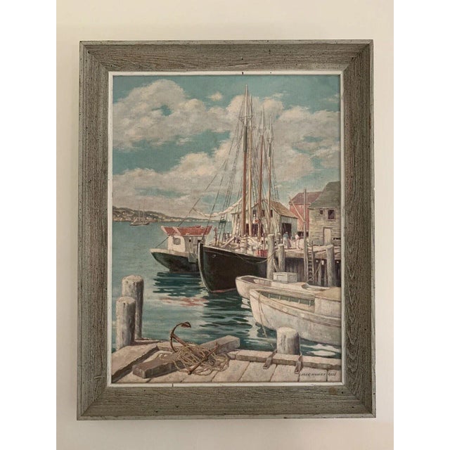Early 20th Century painting by American artist Jack Manley Rose. A harbor scene that could be New England or any seascape...