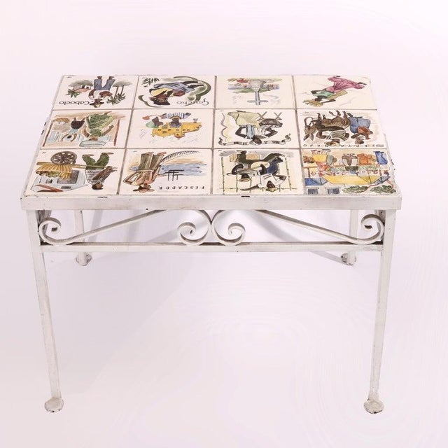 Metal Antique Arts & Crafts Spanish Wrought Iron & Tile Top Table, Genre Scenes, 1930 For Sale - Image 7 of 18