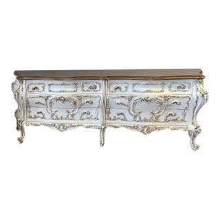 Vintage Ornate Rococo Dresser French Italian Louis XVl White Bombe Chest Dresser For Sale