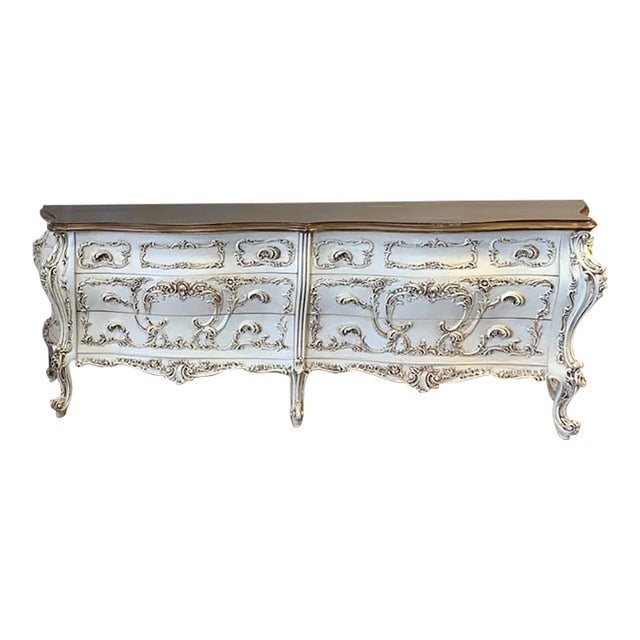 Vintage Ornate Rococo Dresser French Italian Louis XVl White Bombe Chest Dresser For Sale