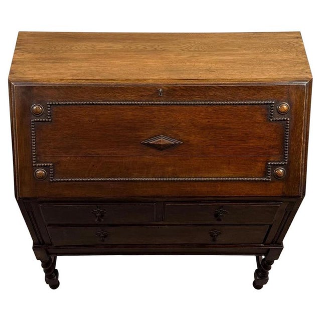 Early 20th Century Antique English Jacobean Oak Bureau For Sale - Image 6 of 14