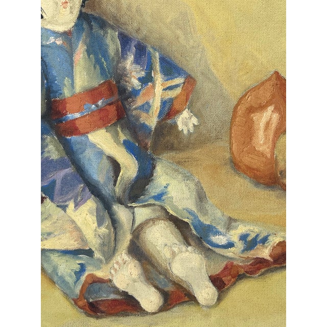 1950s A French Oil on Canvas Japanese Style Painting of a Doll For Sale - Image 5 of 9