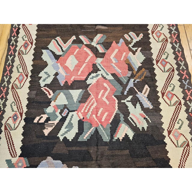 Vintage Caucasian Karabagh Kilim, Flat-Woven Wool, Floral Bouquet Pattern, Dark Brown & Ivory, 5x8 For Sale - Image 11 of 17