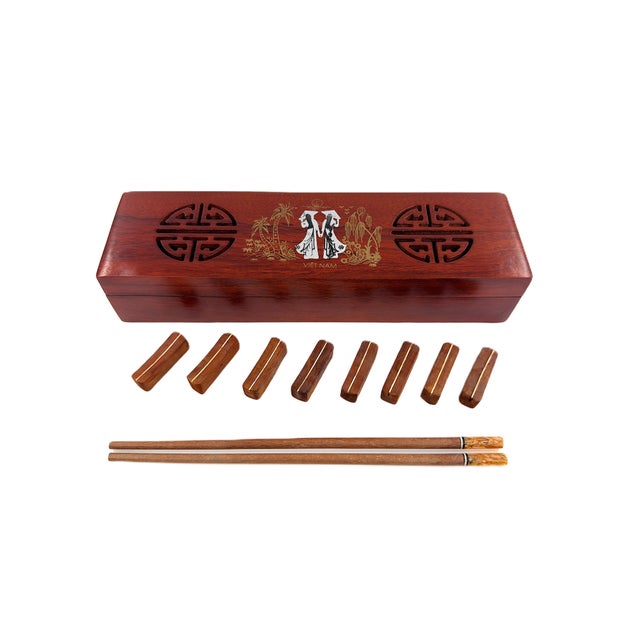 Asian Modern Vietnamese Wooden Chopsticks for 8 With Yellow Mother of Pearl Marbled Tips Decorative Storage Box and Coordinating Rests - 25 pcs For Sale - Image 4 of 11