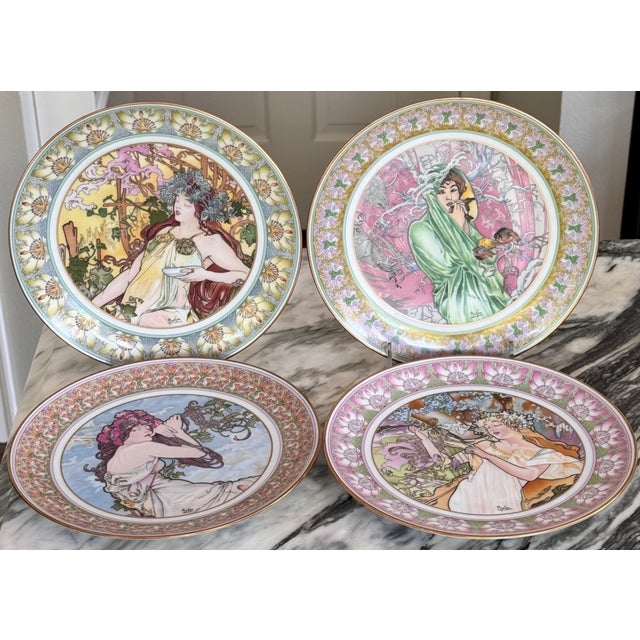 Art Nouveau 1985 Alphonse Mucha Art Nouveau Ladies of the Seasons Decorative Wall Plates - Set of 4 For Sale - Image 3 of 18