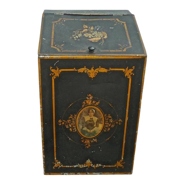 1920s French Metal Storage Bin With Decorative Hand Painted Portrait of a Woman For Sale