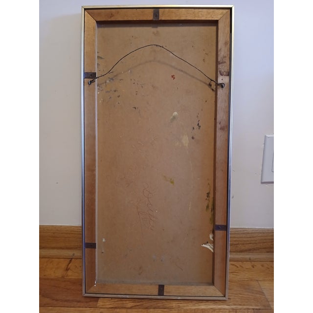 This oil painting features a warm, earthy palette of golden yellows and olive greens, accented by soft whites and deep...