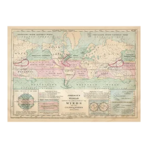 1874, Winds and Courses of Storms, Original Engraved Map