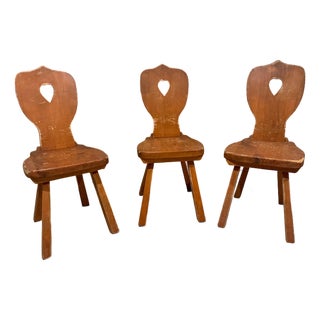 Set of 3 Vintage Alpine Bavarian Heart-Cutout Plank Chairs (Brettstuhl)(Tyrolean) For Sale