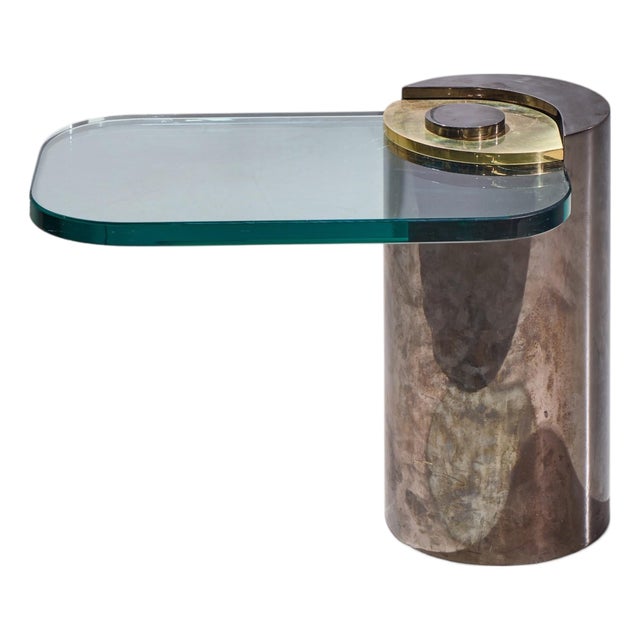 Karl Springer Mid Century Sculpture Leg Gunmetal and Glass Side Table For Sale