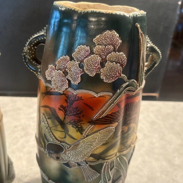 Art Nouveau Pair of Antique Nippon Moriage Vases For Sale - Image 3 of 10
