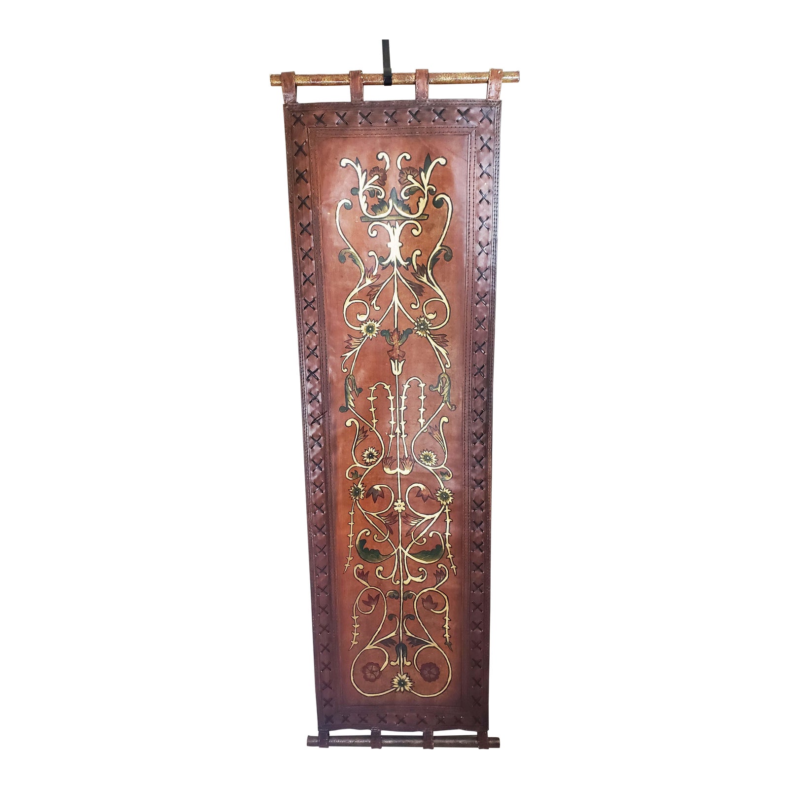 Folk Art Leather Hanging Scroll With Ornate Gilded Handpainted Design 70 Chairish