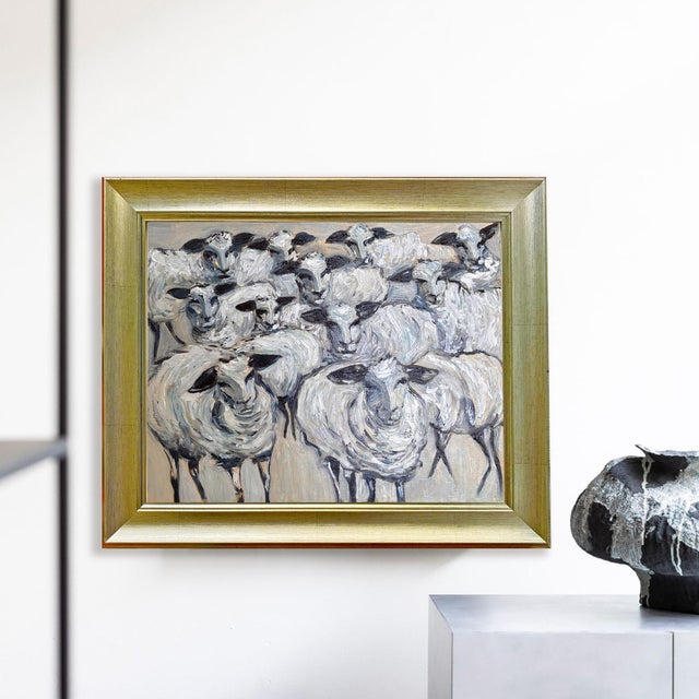 Original hand-painted oil painting by artist Tatiana Duperault Charming flock of sheep with bold expressive brushwork...