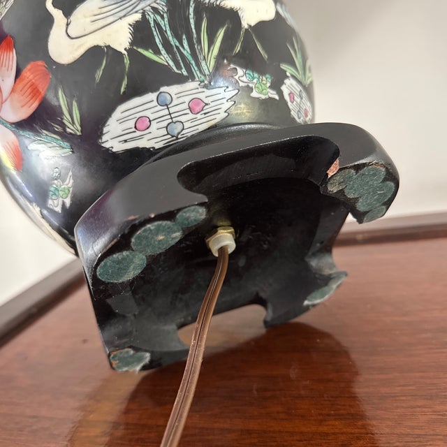 Vintage Chinese Ginger Jar Table Lamp With Cranes & Lilies - 16” For Sale - Image 11 of 11
