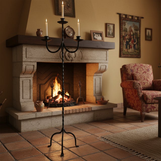 Rustic Hand Forged Iron Floor Candelabra 47.5″ (121cm) Antique Copper Patina 3-Arm Infinity Loop Design Classic Candle Holder For Sale - Image 3 of 7