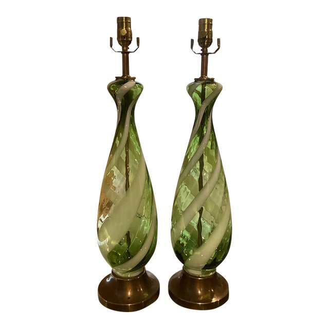 Vintage Italian Murano Green & White Spiral Art Glass Table Lamps – Restored & Rewired - Pair For Sale