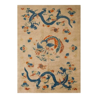 1980s Beige Dragon Vintage Nepalese Tibetan Carpet 6' X 8'9" Knotted Wool Rug For Sale