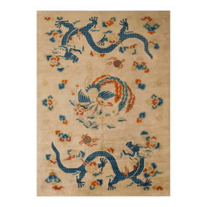 1980s Beige Dragon Vintage Nepalese Tibetan Carpet 6' X 8'9" Knotted Wool Rug