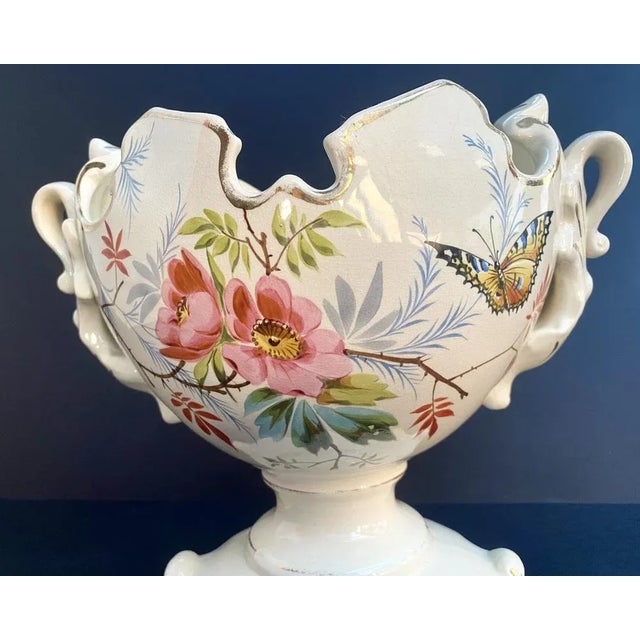 Large Vintage ceramic French planter, centerpiece, Regency style, hand painted with flowers and a butterfly, circa 1950....