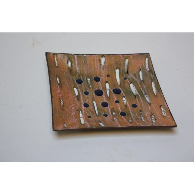 Unique Mid-Century Modern enamel on copper decorative dish by Eve Rabinowe, a respected enamelist active from 1961-1970...