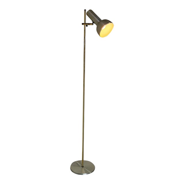 Brushed Metal and Brass Adjustable Spotlight Task Floor Lamp Vintage Mid-Century Modern For Sale