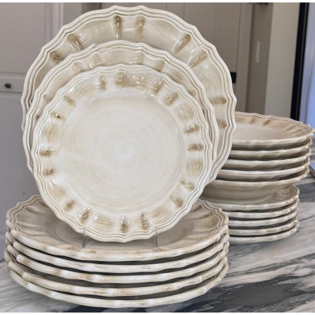 Presenting a set of 18 pieces of discontinued Venezia pattern dishes by Arte Italica. In their moss green, Italian...