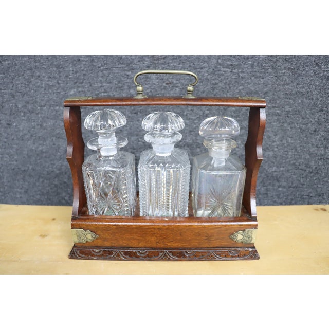 Brass Antique English Oak & Brass Tantalus Decanter Set For Sale - Image 8 of 9