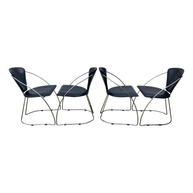 Vintage Linda Armchairs in Black Leather and Chromed Steel Frame by Arrben, 1980s, Set of 4 For Sale