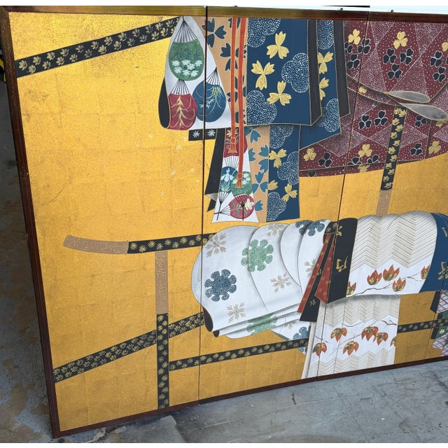 Japanese Six-Panel Byōbu/ Screen Depicting Kimonos and Obi Draped on an Ikō Rac For Sale - Image 9 of 18