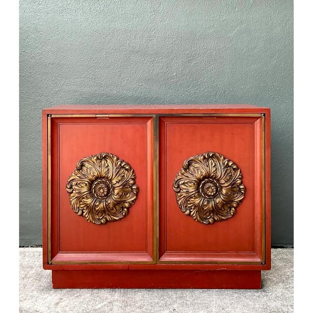 1960s Vintage Lane Red Cabinet With Ornate Medallions For Sale - Image 5 of 14