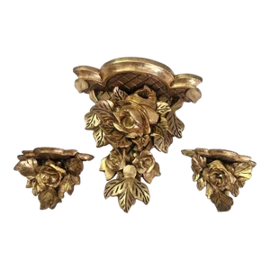 C1920's Antique Italian Carved Giltwood "Floral Rose" Pattern Wall Shelves/ Display Brackets Set of 3