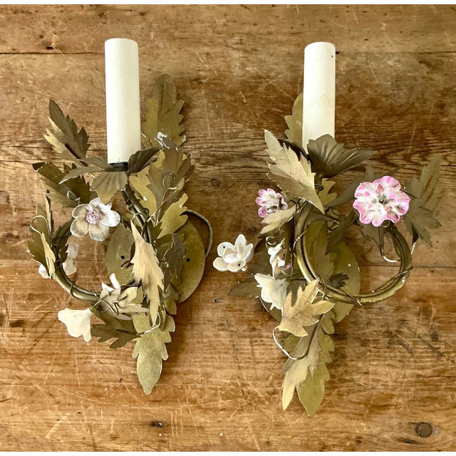 Metal Vintage Regency Ceramic Flower Light Sconce - A Pair For Sale - Image 7 of 9