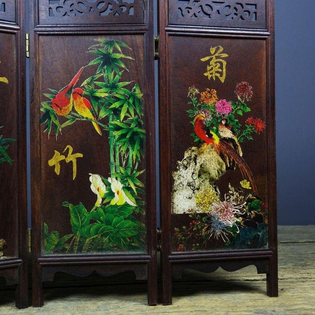 Chinese Vintage Suanzhi Wood 4-Panel Table Screen, Hand Painted Plum Orchid Bamboo Chrysanthemum For Sale - Image 3 of 9
