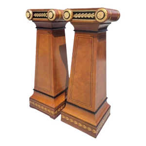 Rare Vintage French Mahogany Ormolou Inlaid Ornamental Louis Xvi Pedestal Columns- a Pair
